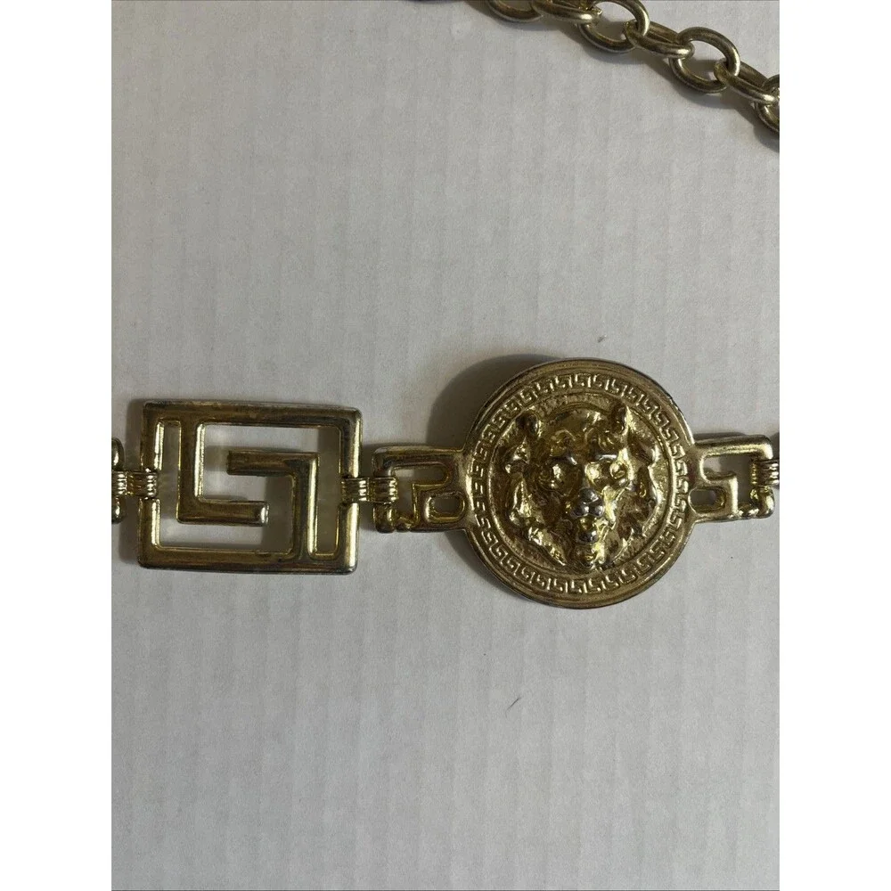 Lion Head Medallion Belt 42 In Gold Tone Chain Link Greek Key Chunky 80s Korea